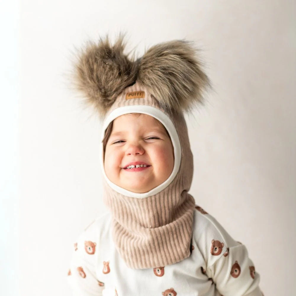 Children's Balaclava Hat - Beige + POM POM