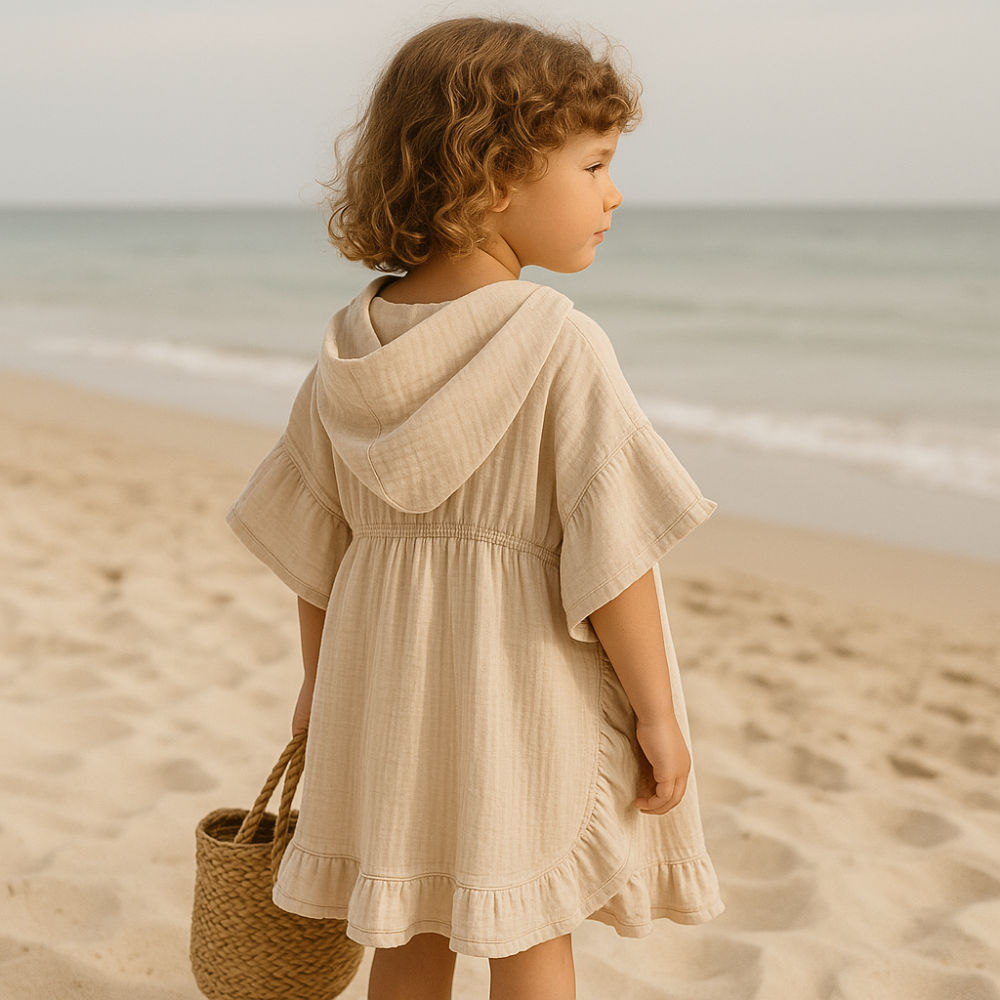 Children's MUSLIN Bath Poncho with ruffles - BEIGE