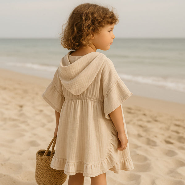 Children's MUSLIN Bath Poncho with ruffles - BEIGE