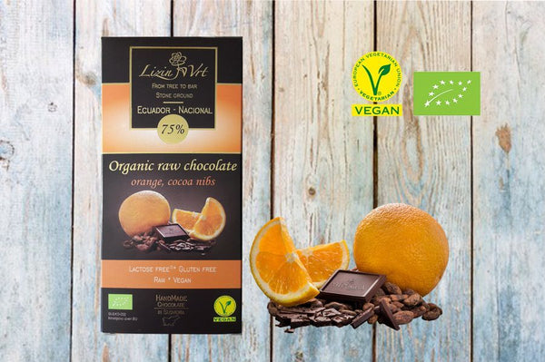 Organic raw chocolate - orange with cocoa beans 50g