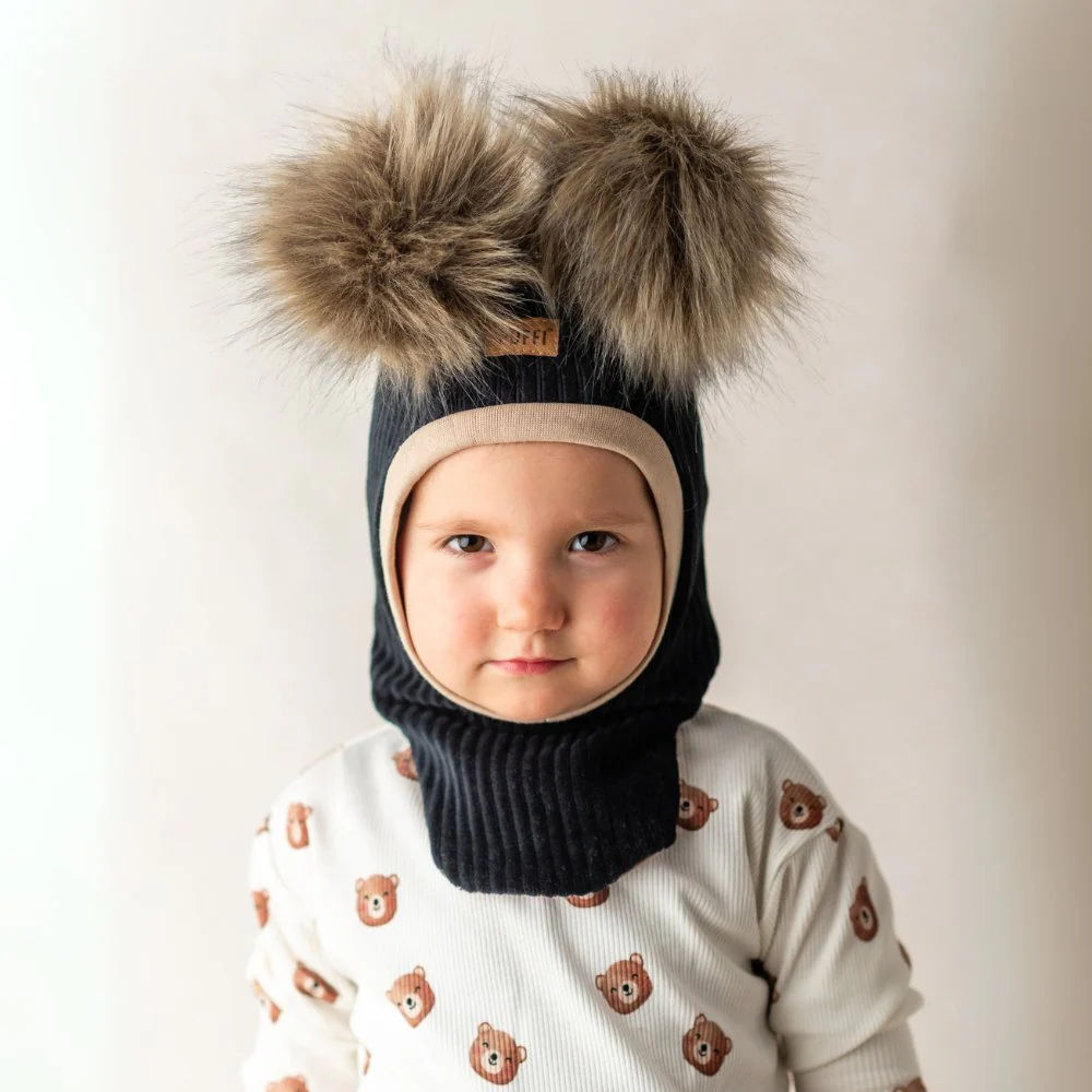 Children's Balaclava Hat - Black + POM POM