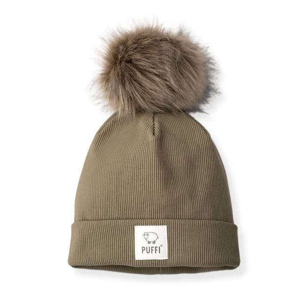 Children's Beanie + POM POM - Ribbed OLIVE GREEN