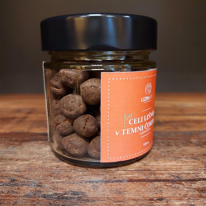 BIO Whole hazelnuts in DARK CHOCOLATE with ORIGIN, 100 g (jar)