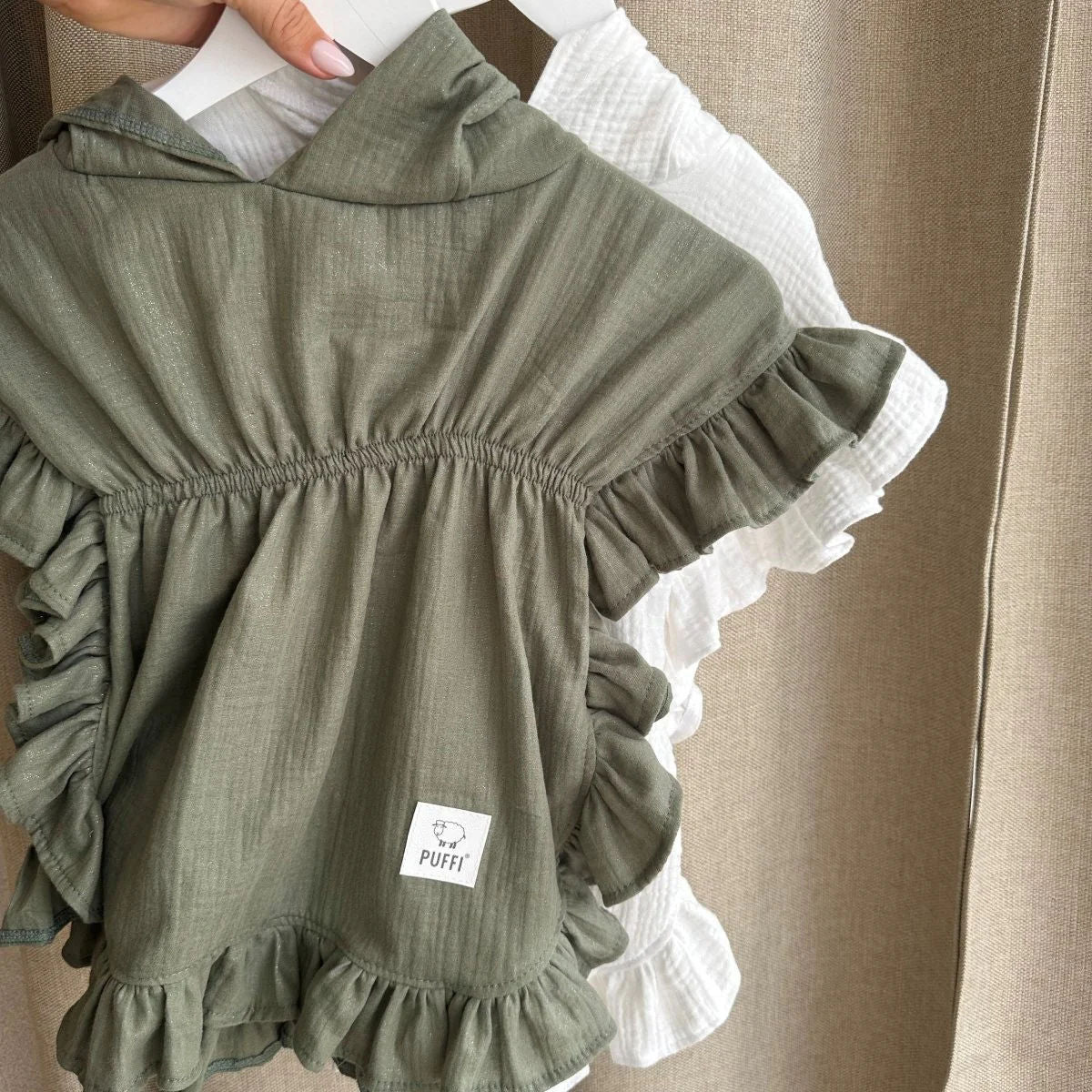 Children's MUSLIN Bath Poncho with ruffles - OLIVE GREEN