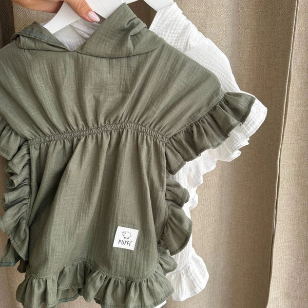 Children's MUSLIN Bath Poncho with ruffles - OLIVE GREEN