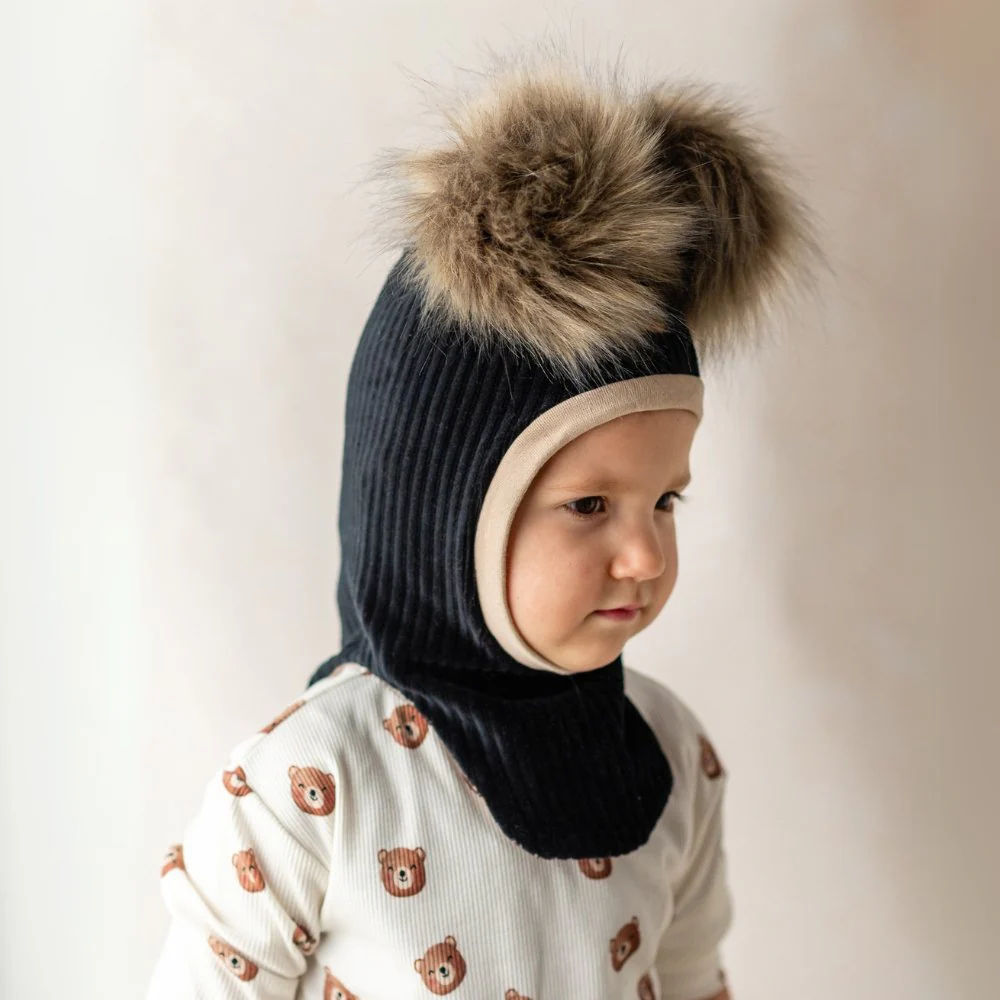 Children's Balaclava Hat - Black + POM POM
