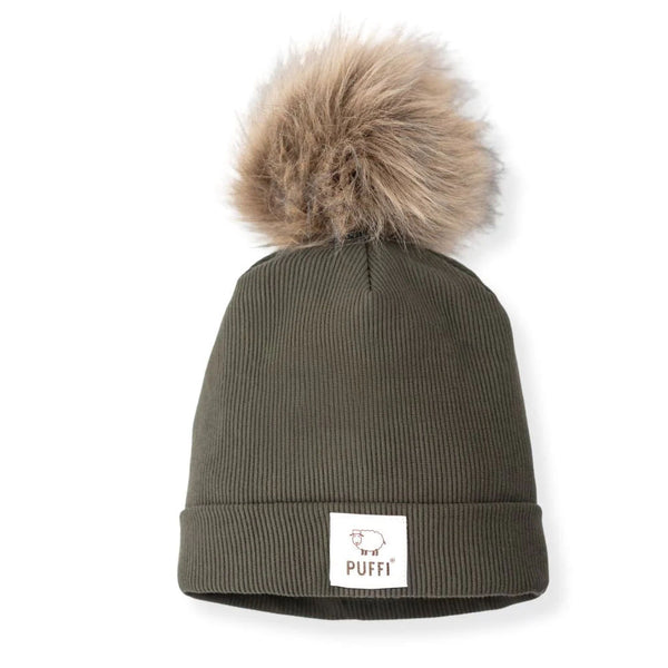 Otroška kapa Beanie + POM POM - Ribbed VOJAŠKO ZELENA