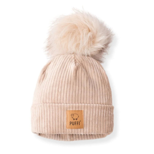 Otroška kapa Beanie + POMPOM - PLIŠ Ribbed BEIGE