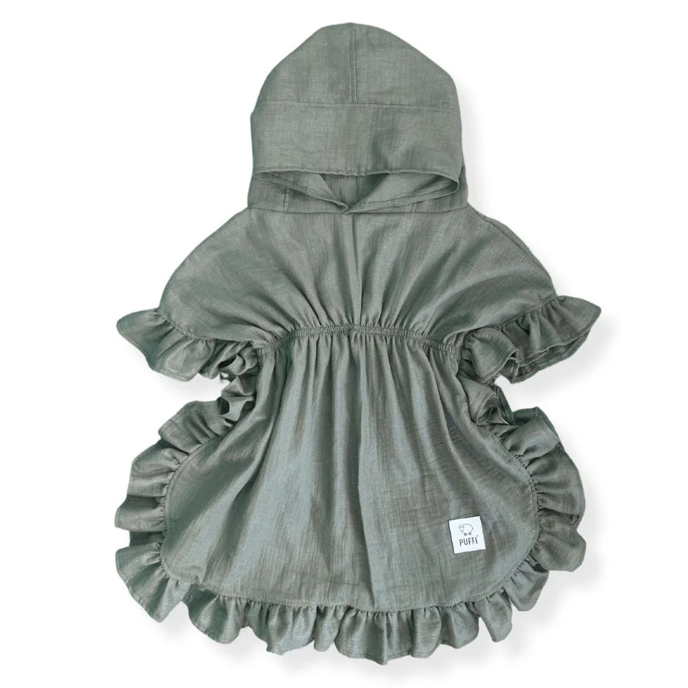 Children's MUSLIN Bath Poncho with ruffles - OLIVE GREEN