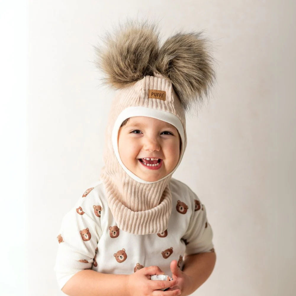 Children's Balaclava Hat - Beige + POM POM